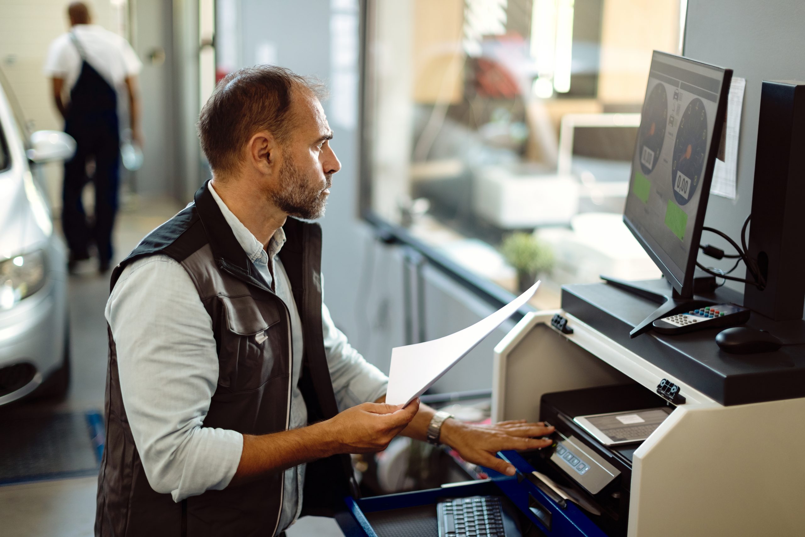 Collision shop advisor working at a computer